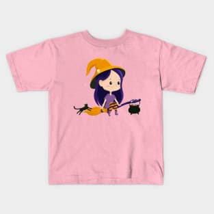 Kawaii Witch Flying in the moonlight With Her Black Cat and Cauldron Kids T-Shirt